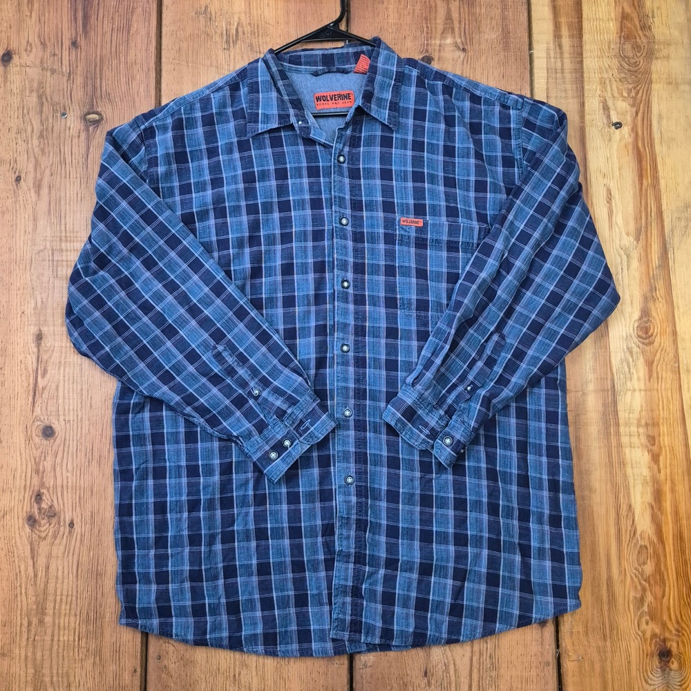 Wolverine Boots and Gear Mens Blue Plaid Long Sleeve Button Down Shirt Large